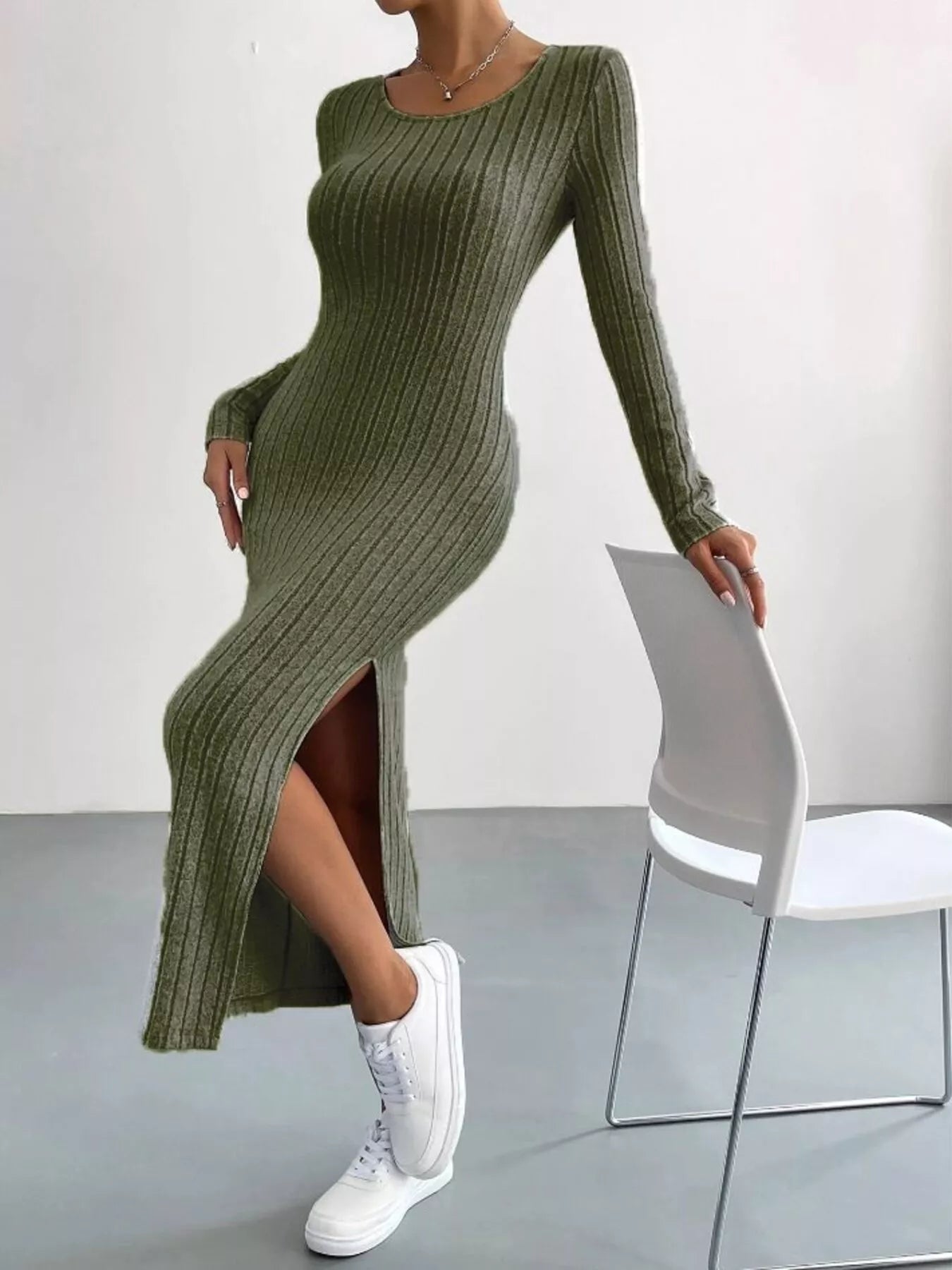 Full Size Ribbed Knit Bodycon Midi Dress Plus Size Army Green