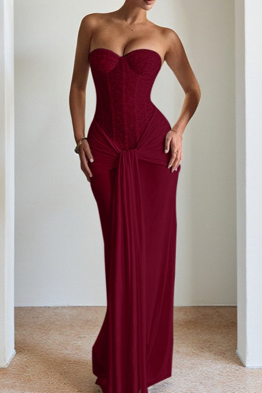 Sequin Strapless Corset Ruched High Split Mermaid Maxi Dress