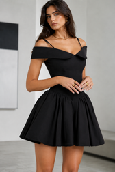 Off Shoulder Lapel Waist Cinch Ballet A Line Slip Dress