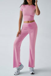 Essential Solid Color Crewneck Top Wide Leg Pants Set