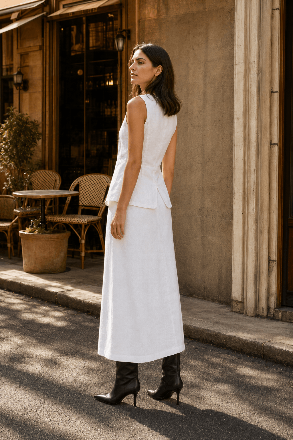 White Square Neck Sleeveless Vest Skirt Work Set