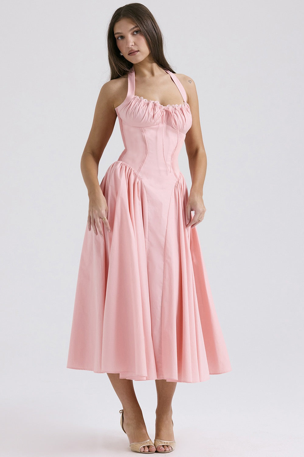 Halter Neck Ruched Corset Fit and Flare Midi Dress