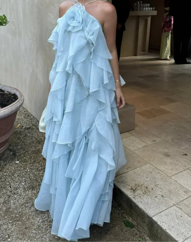 Cascading Ruffles Halter Midi Dress