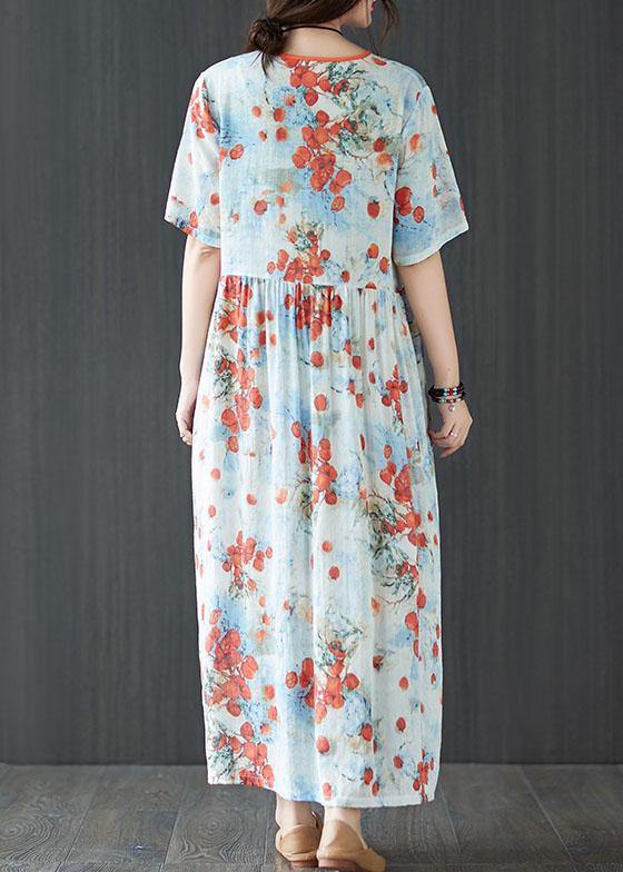 Berry Print Asymmetric V-Neck Empire Waist Short Sleeve Maxi Dress