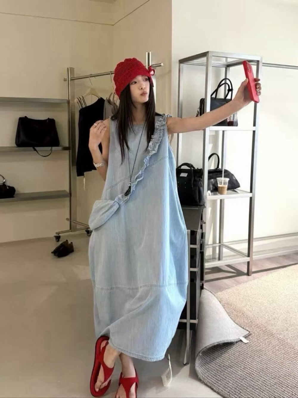 Denim Sleeveless Ruffle Trim A-Line Maxi Dress 18