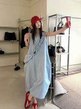 Denim Sleeveless Ruffle Trim A-Line Maxi Dress 18