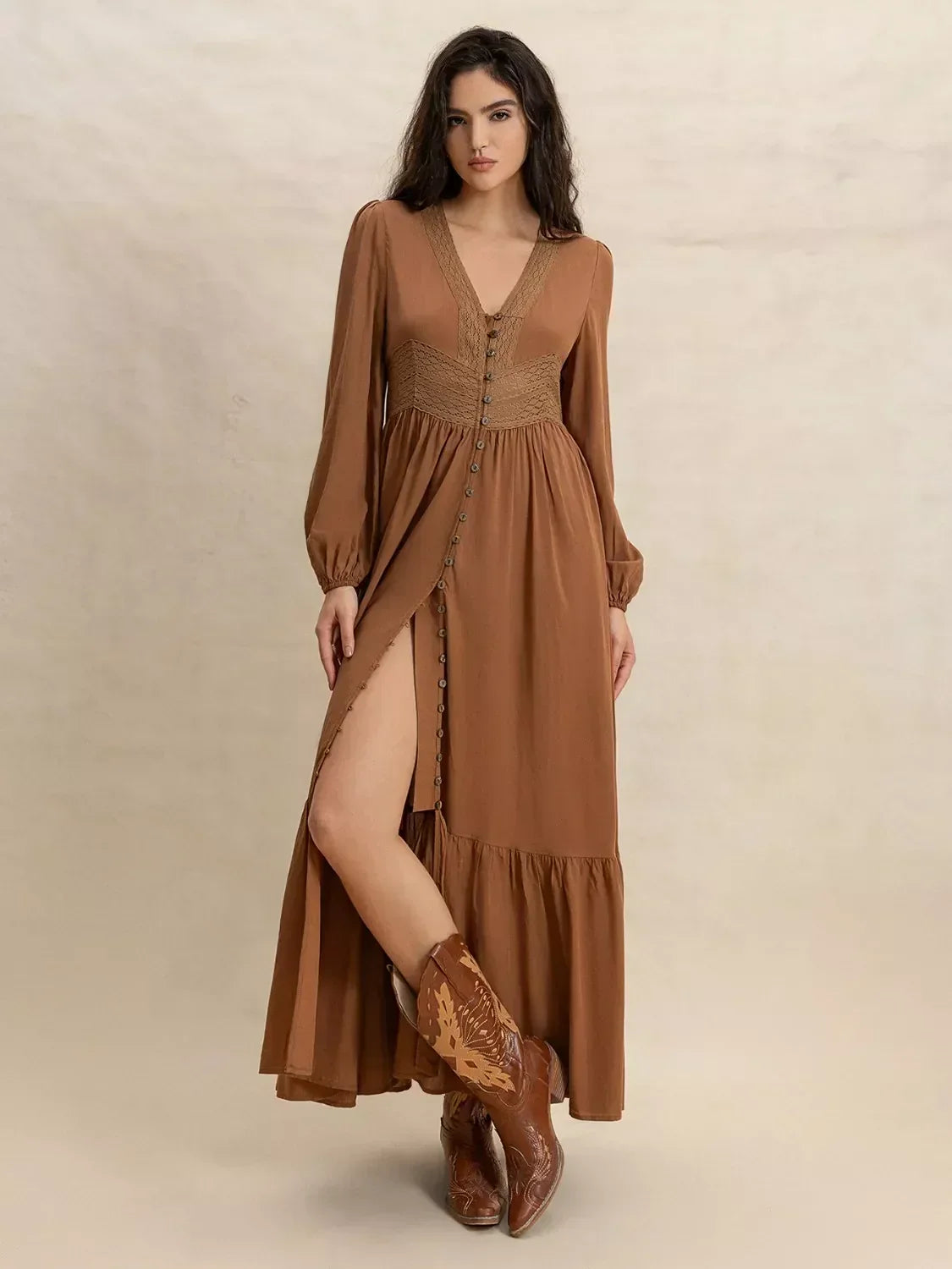 Lace Trim V-Neck Long Sleeve Button Front Tiered Maxi Dress 5