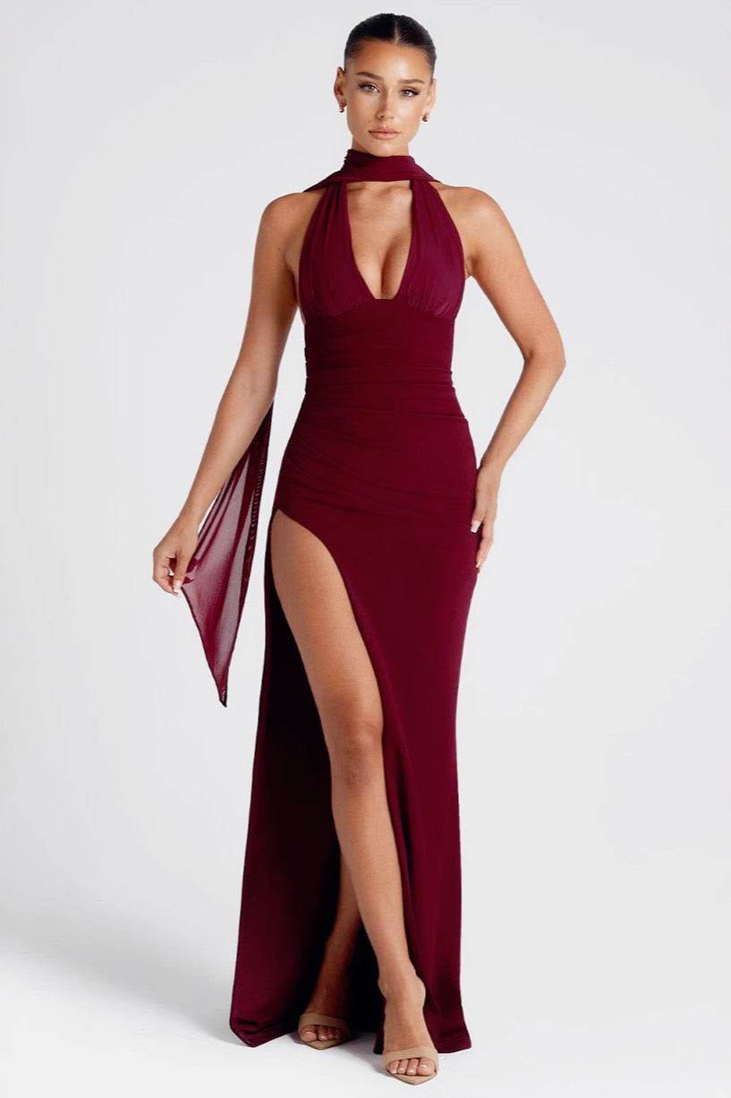 Deep V Halter Tie High Slit Birthday Dress