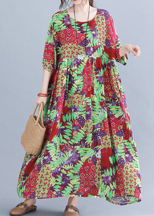 Patchwork Floral Print Round Neck Short Sleeve Empire Waist Pocket Maxi Dress