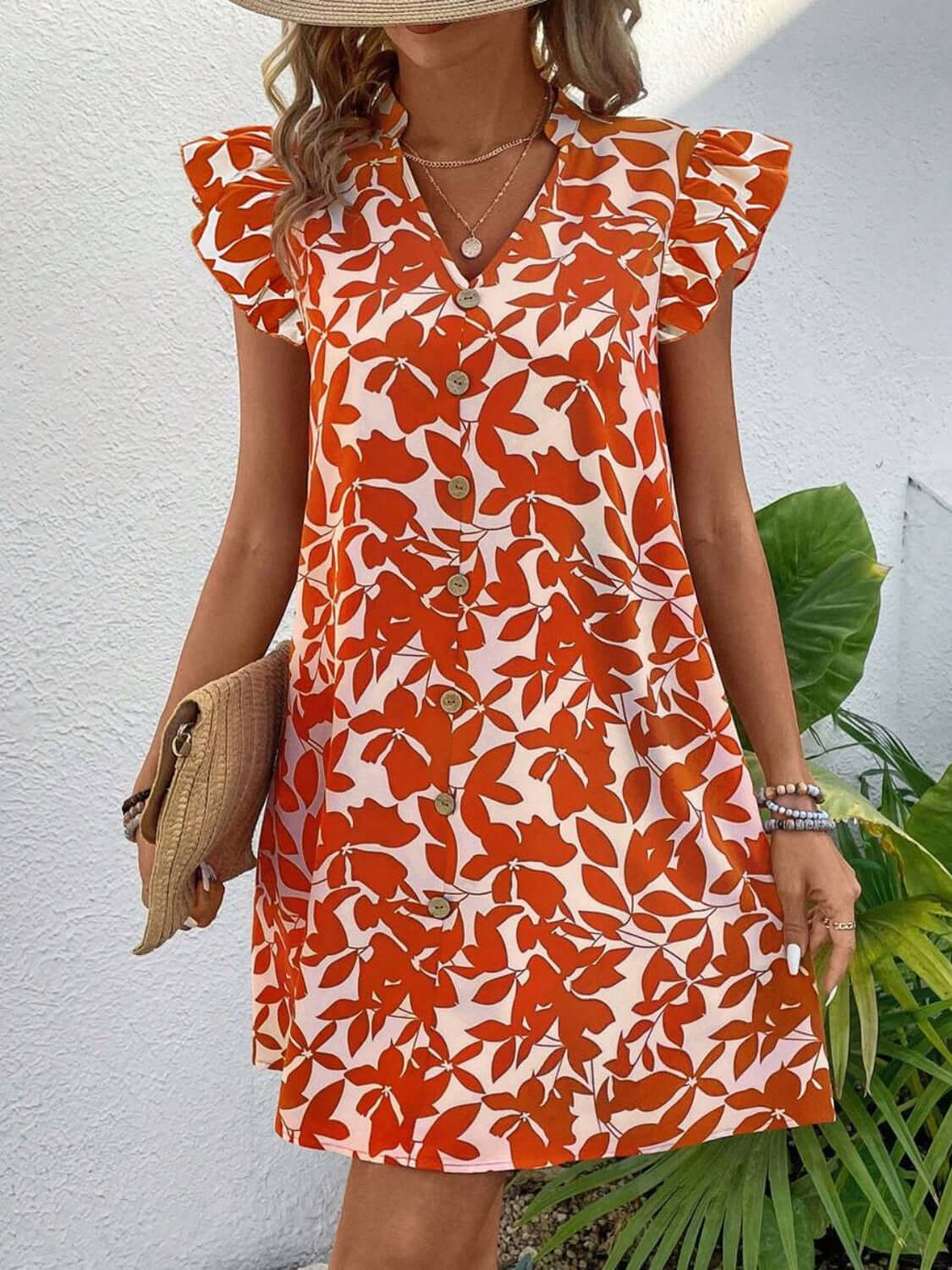 Printed Notched Cap Sleeve Mini Dress Orange-Red