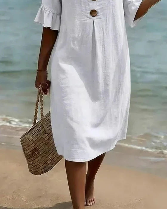 V-Neck Button Front Ruffle Sleeve Midi Dress