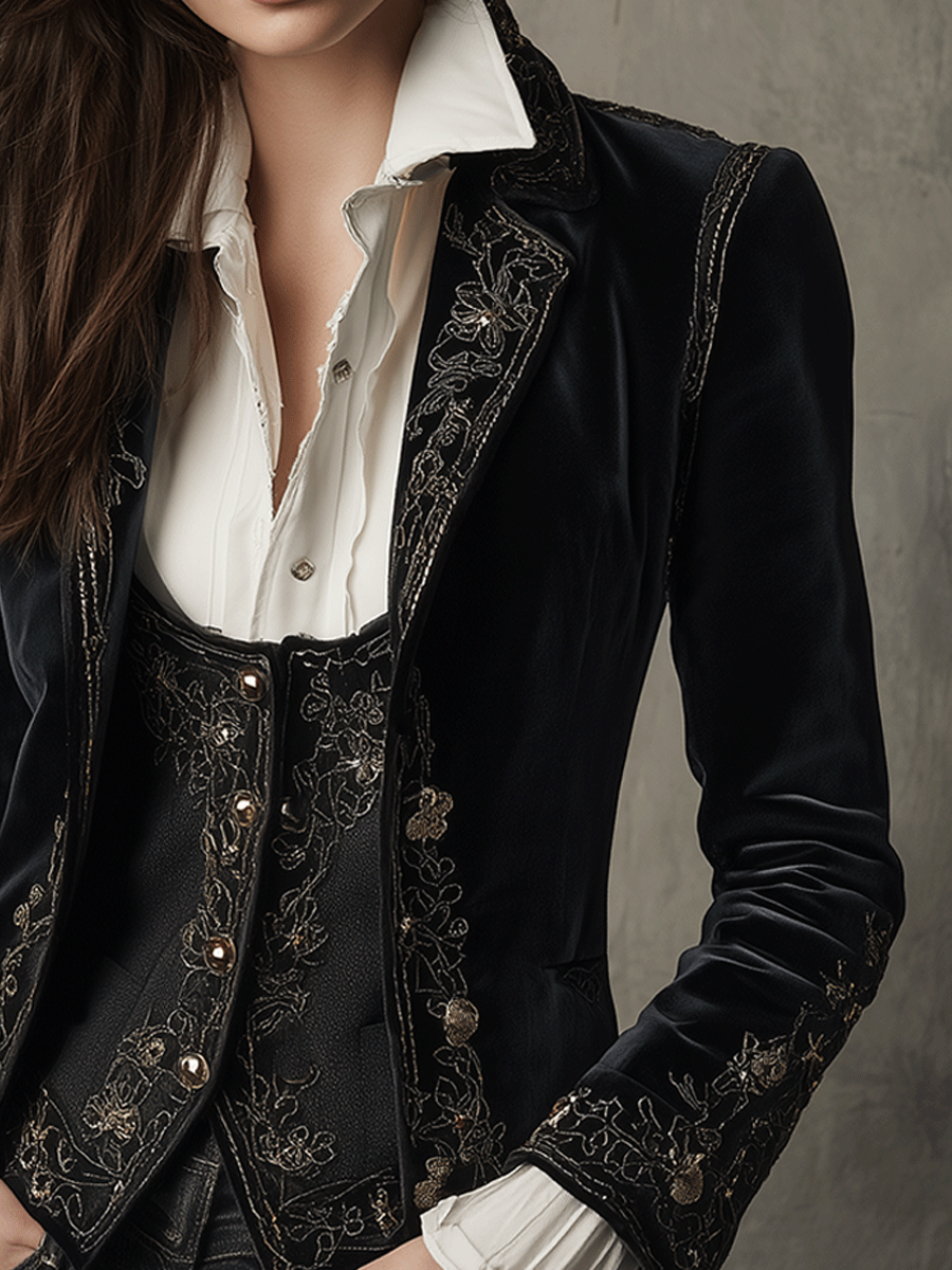 Embroidered Velvet Fitted Blazer