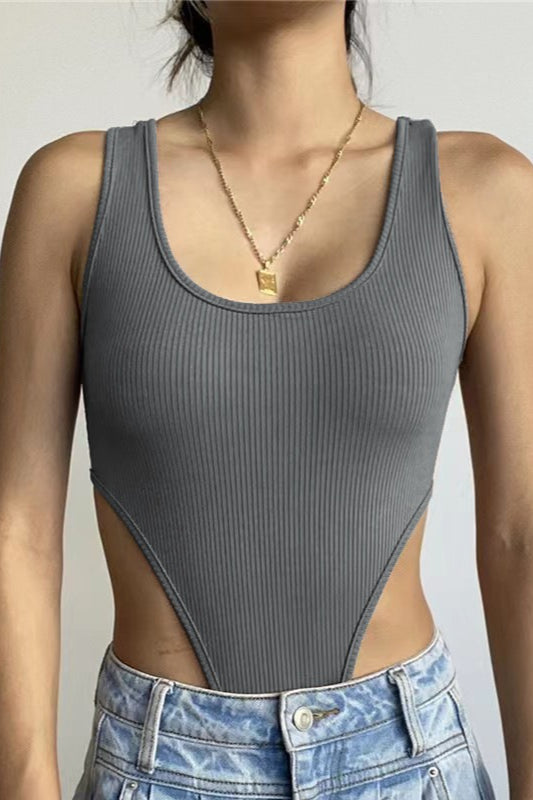 Slim U Neck High Slit Tank Bodysuit