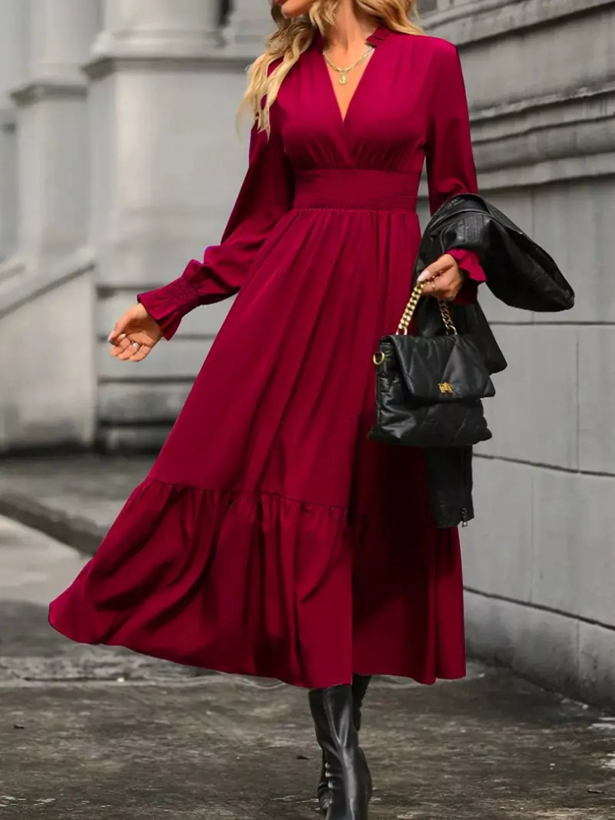 Surplice V-Neck Smocked Waist Balloon Sleeve Tiered Midi Dress 3