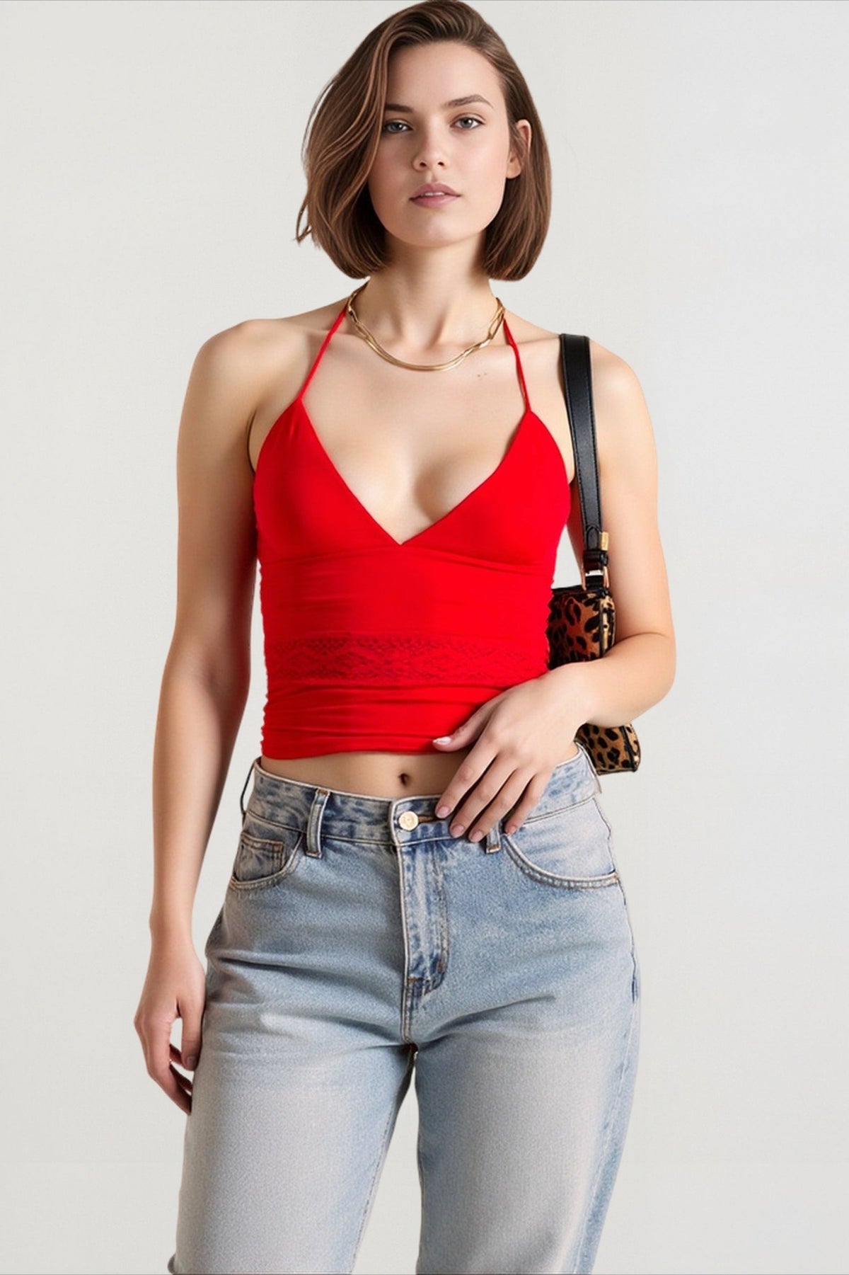 Halter Neck V-Neck Lace Panel Waist Cropped Top 8