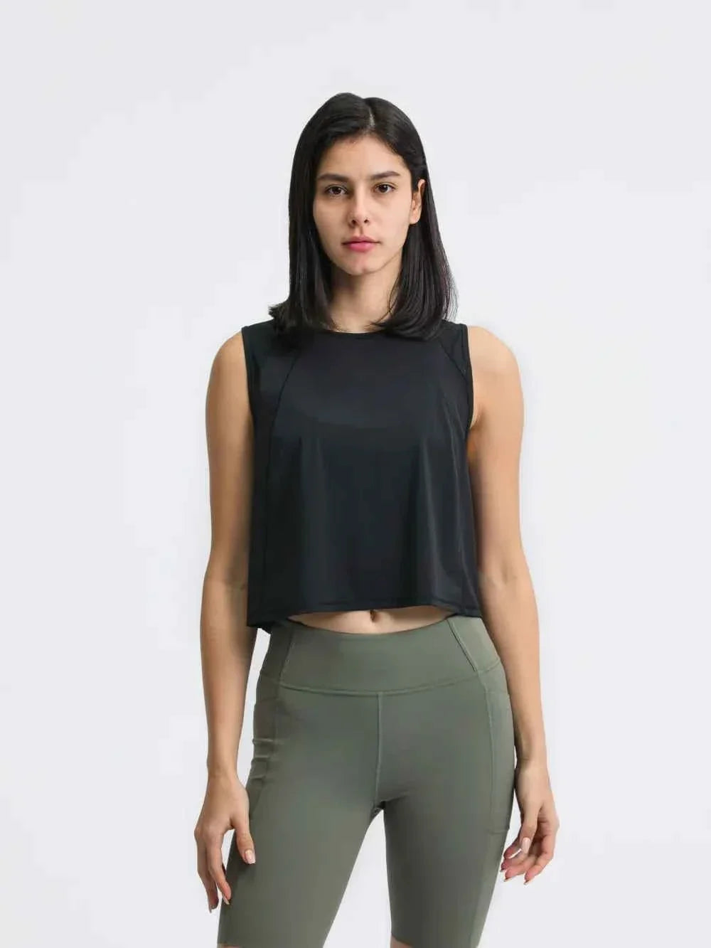 Round Neck Sleeveless Seam Detail Cropped Active Tank Top 23
