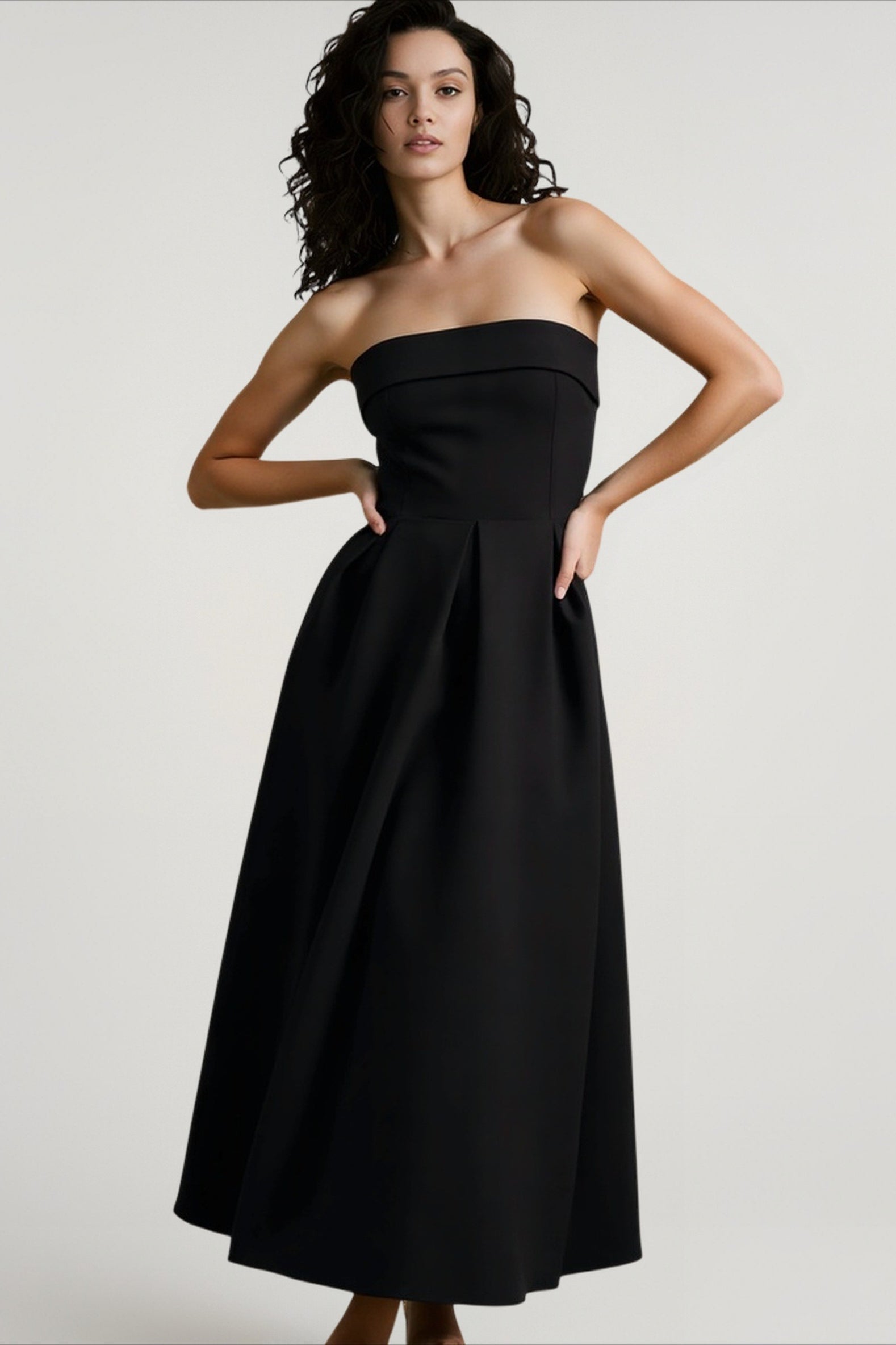 Strapless Fold Over Neck Pleated Fit and Flare Midi Cocktail Dress