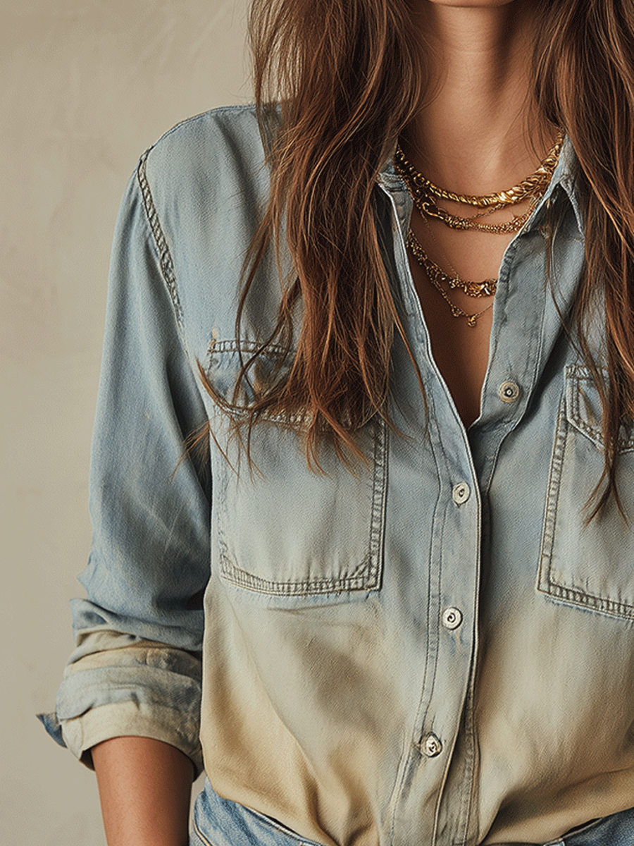 Casual Retro Light Wash Gradient Denim Shirt