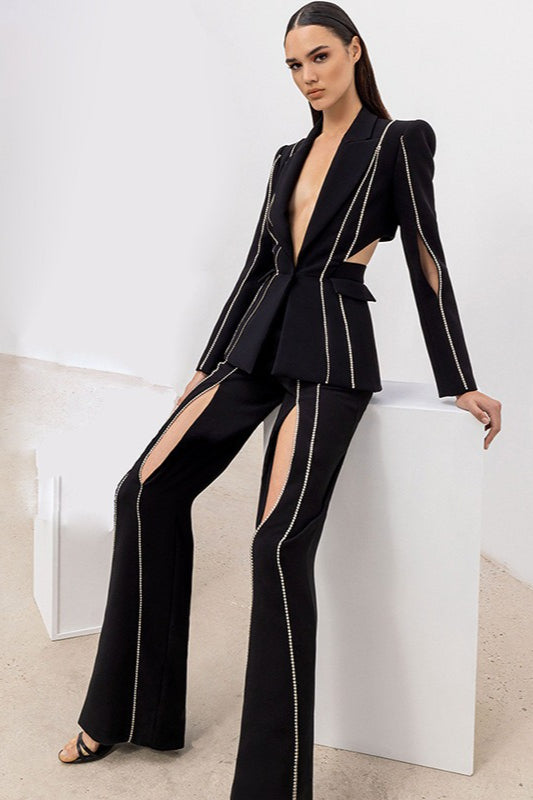 British Ladylike Chic Cutout Rhinestone Tailored Two Piece Set