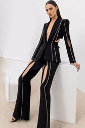 British Ladylike Chic Cutout Rhinestone Tailored Two Piece Set