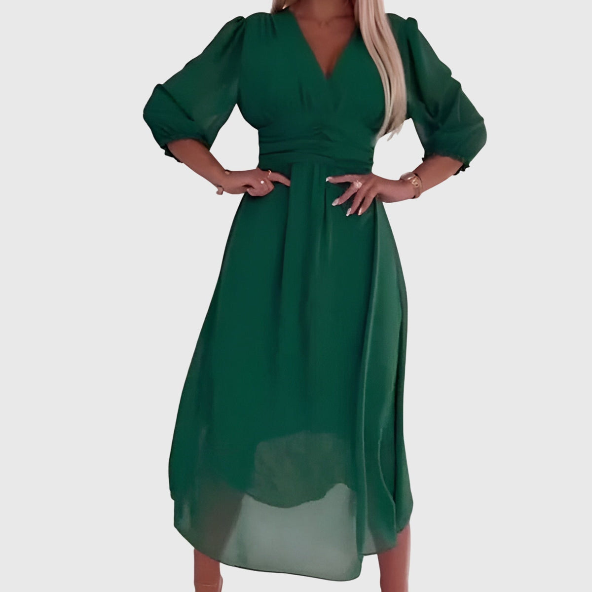 V-Neck Balloon Sleeve Ruched Waist Chiffon Midi Dress