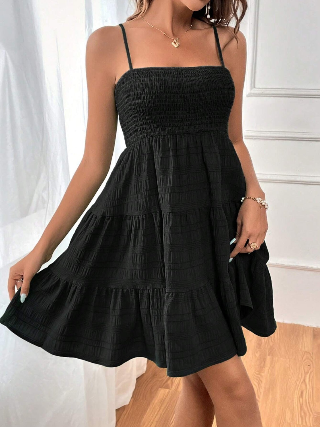 Smocked Tiered Sleeveless Mini Dress Black