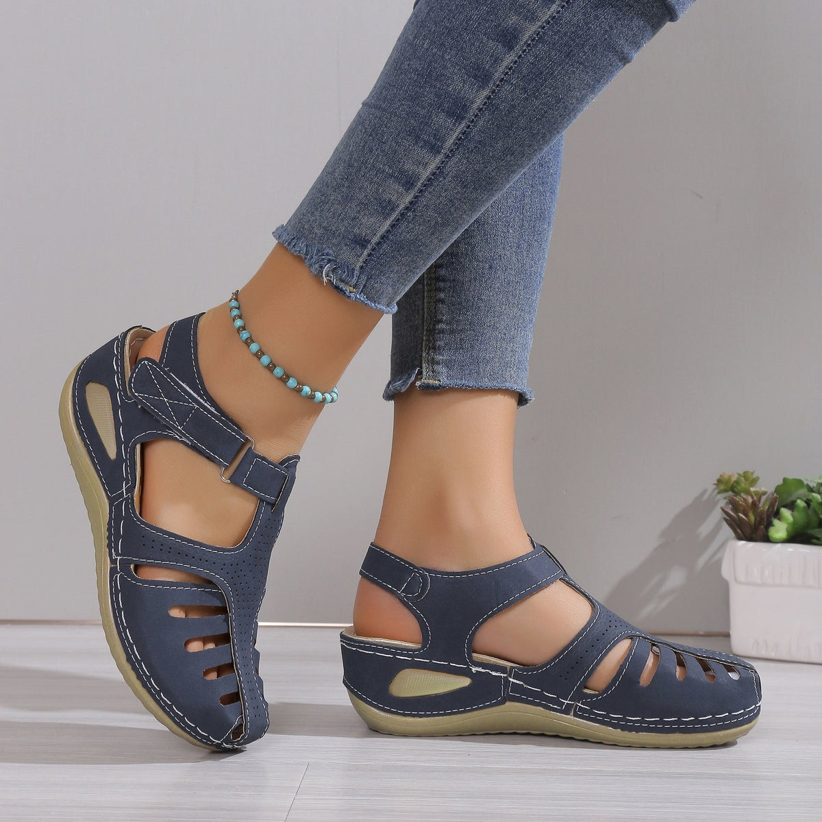 Closed Toe Cut Out Hook and Loop Wedge Sandals