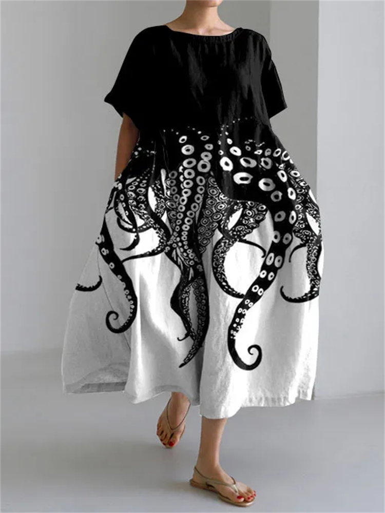 Octopus Print Round Neck Short Sleeve Oversized Midi Dress