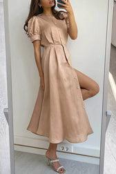 Chic and Classy Vibe Puff Sleeve Pearl Button Slit Midi Dress - View 7