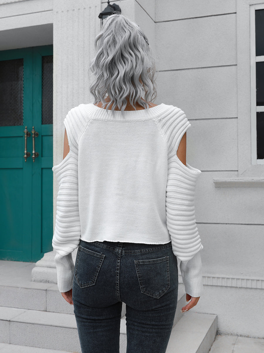 Cold Shoulder Round Neck Ribbed Long Sleeve Cropped Sweater 6
