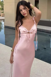 Sexy Deep V Tie Spaghetti Strap Satin Sleeveless Party Dress