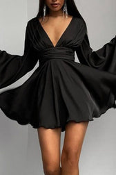 Satin Deep V Backless Flare-Sleeve Silk Dress 2
