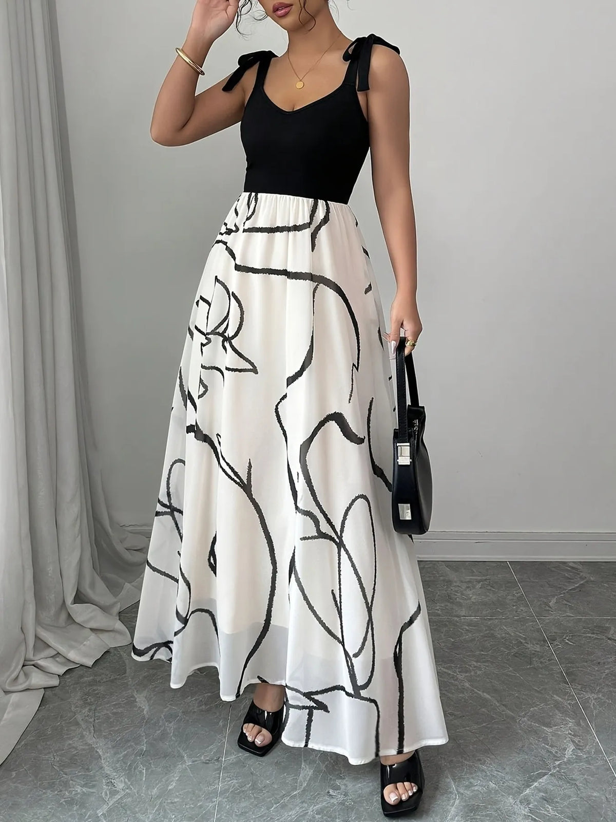 Abstract Line Print Tie Shoulder Contrast Bodice A-Line Maxi Dress 5