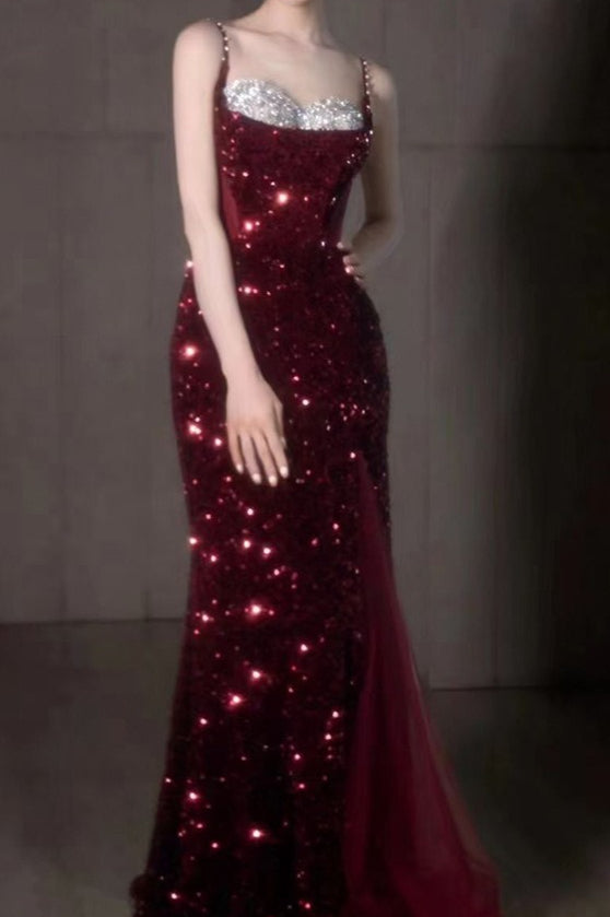 Spaghetti Strap Sequin Beaded High Split Mermaid Prom Gown