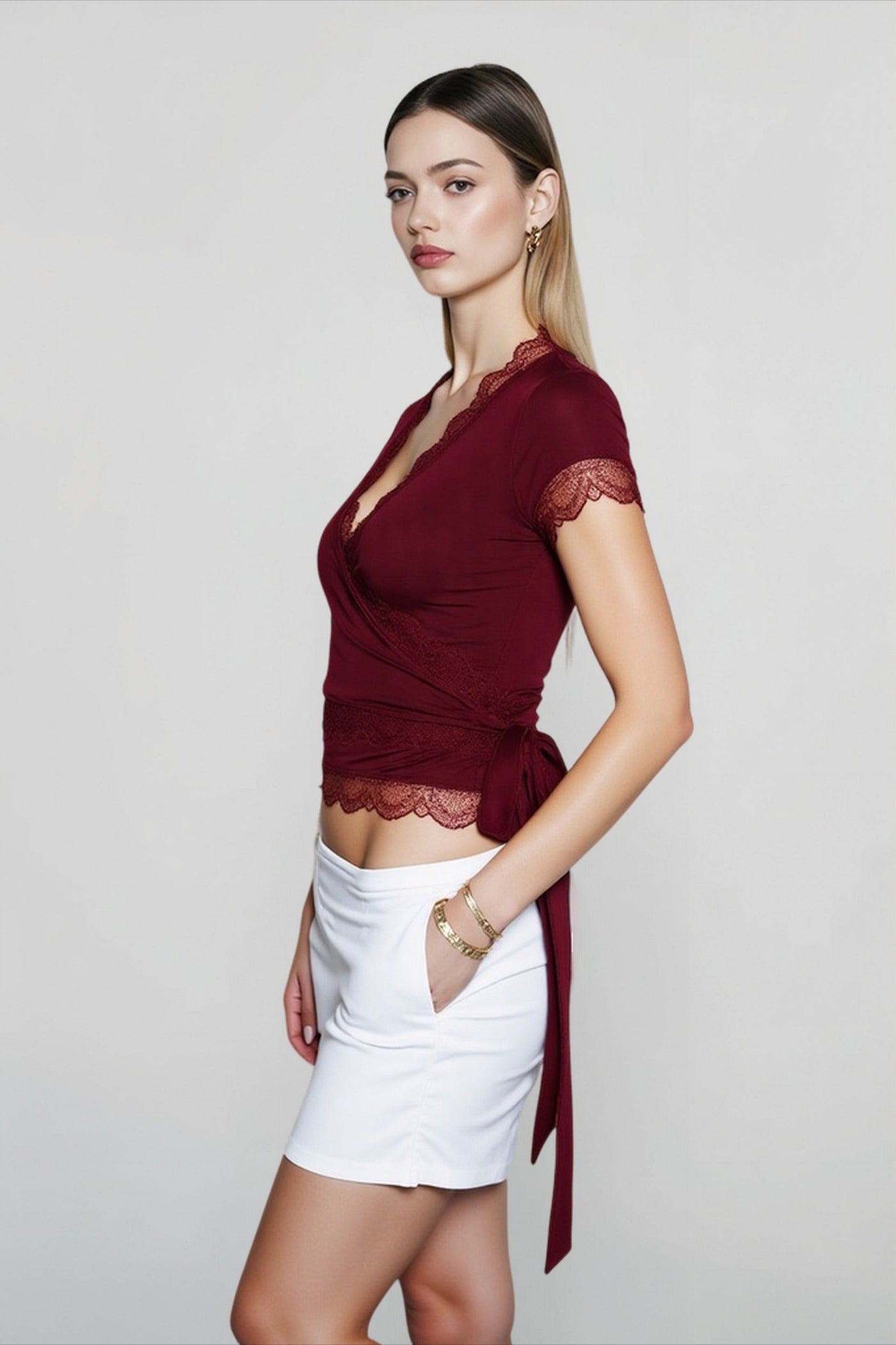 Lace Trim V Neck Tie T-shirts