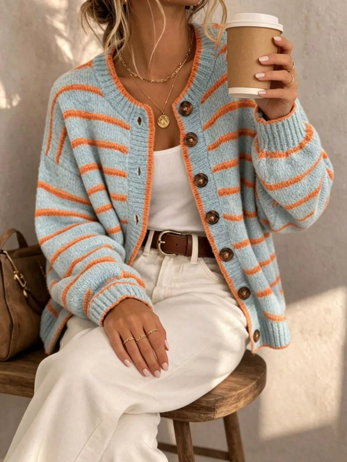 Striped Round Neck Button Front Drop Shoulder Knit Cardigan