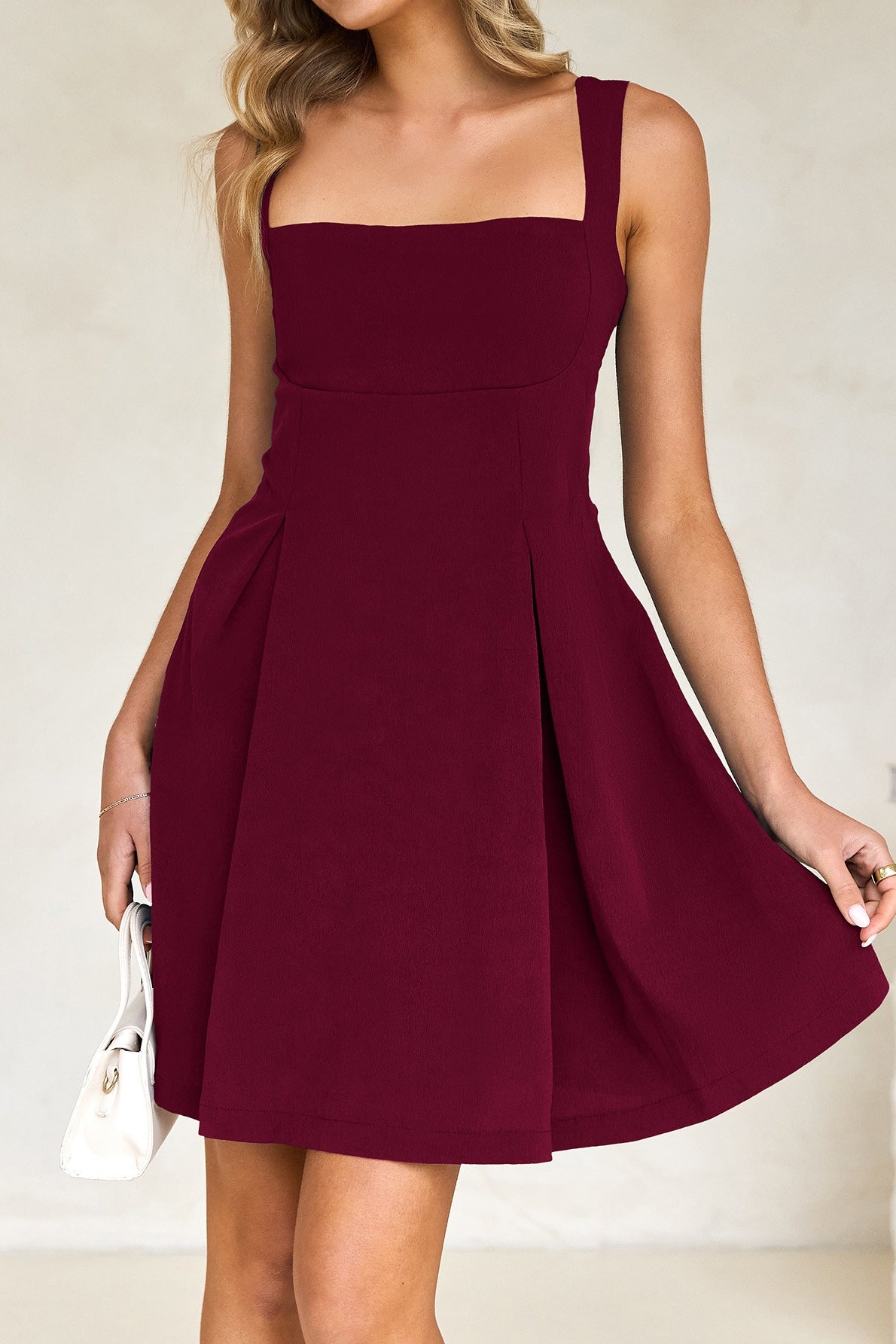 Square Neck Sleeveless Pleated Fit and Flare Mini Dress