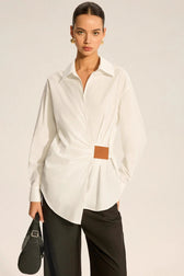 Faux Leather Panel Ruched Collared Slim Versatile Blouse
