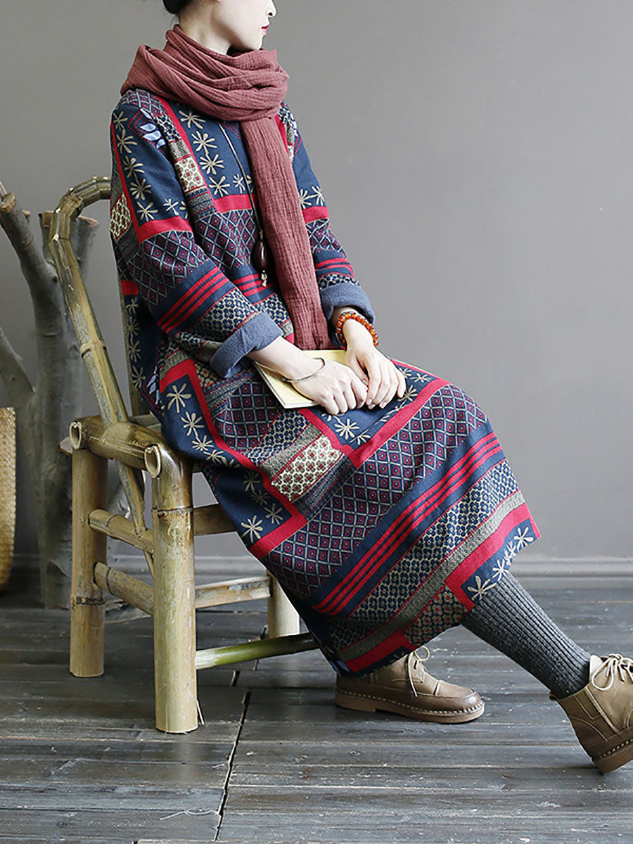 Folk Patchwork Print Long Sleeve Contrast Cuff Crew Neck Maxi Dress