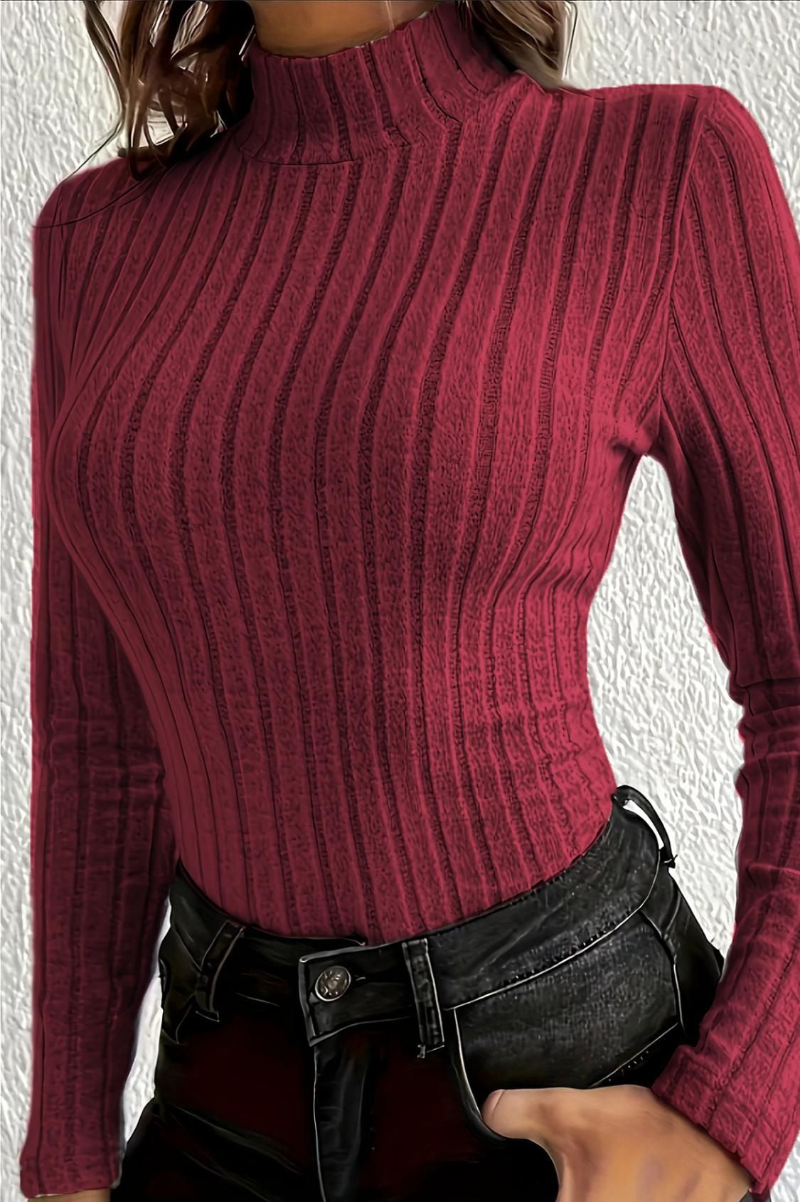 Mock Neck Long Sleeve Slim Fit Ribbed Knit Sweater 14