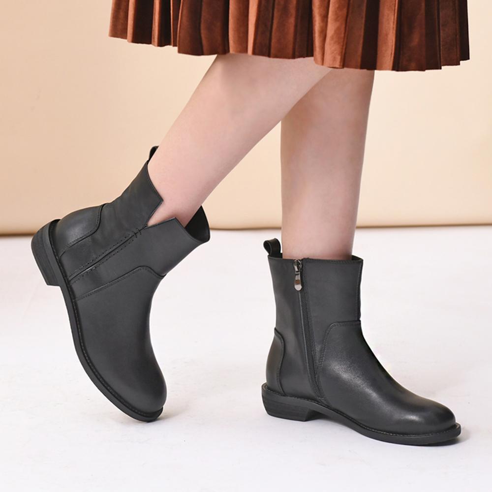 Handmade Genuine Leather Booties Round Toe Side Zip Low Heels Chic Mid-Calf Boots Black Short Plush Lining