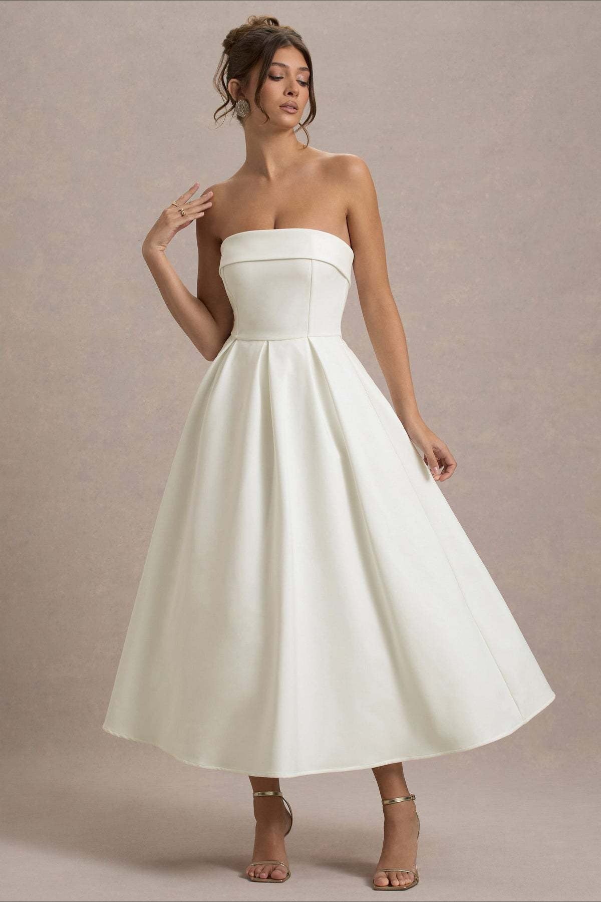 Strapless Fold Over Neck Box Pleat A-Line Midi Cocktail Dress