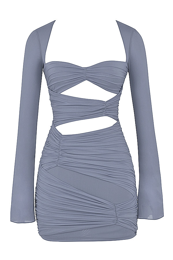 Mesh Sweetheart Cut Out Ruched Flare Sleeve Bodycon Mini Dress 10
