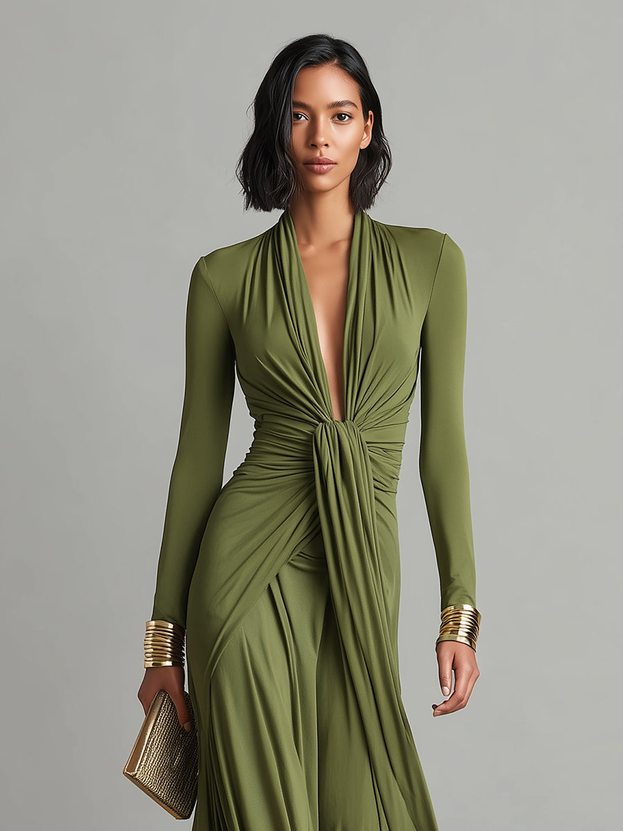 Deep V-Neck Long Sleeve Ruched Draped Maxi Dress Formal