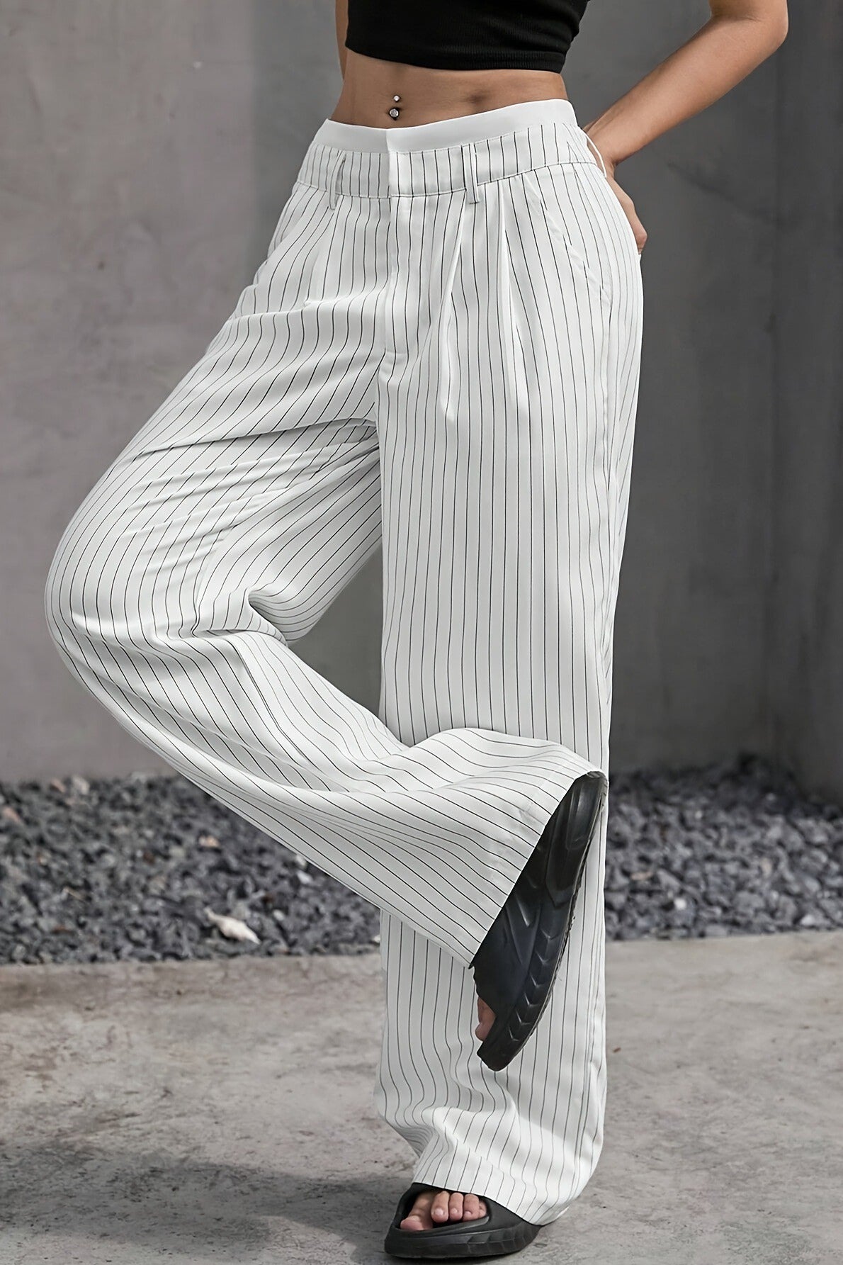 Pinstripe Contrast Waistband Pleated Wide Leg Trousers 8