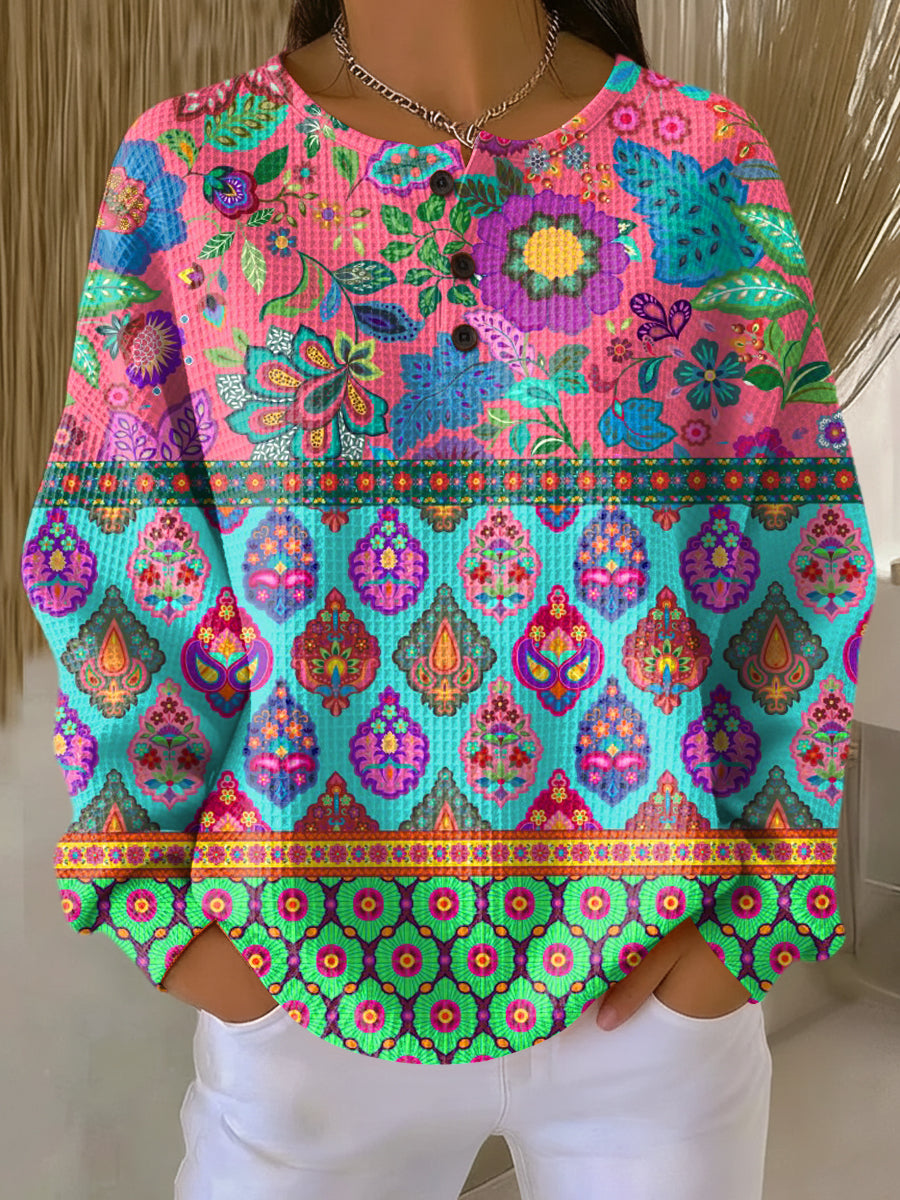Floral Paisley Print Button Placket Waffle Knit Sweatshirt