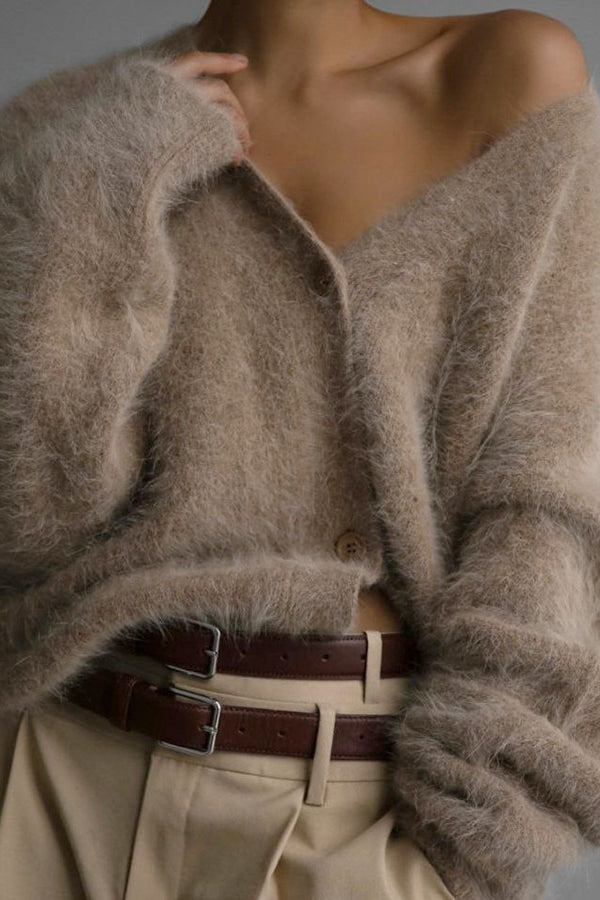 Deep V-Neck Balloon Sleeve Fuzzy Knit Button Front Oversized Cardigan 2