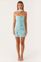Sequin Embroidered Strapless Scarf Panel Mini Dress