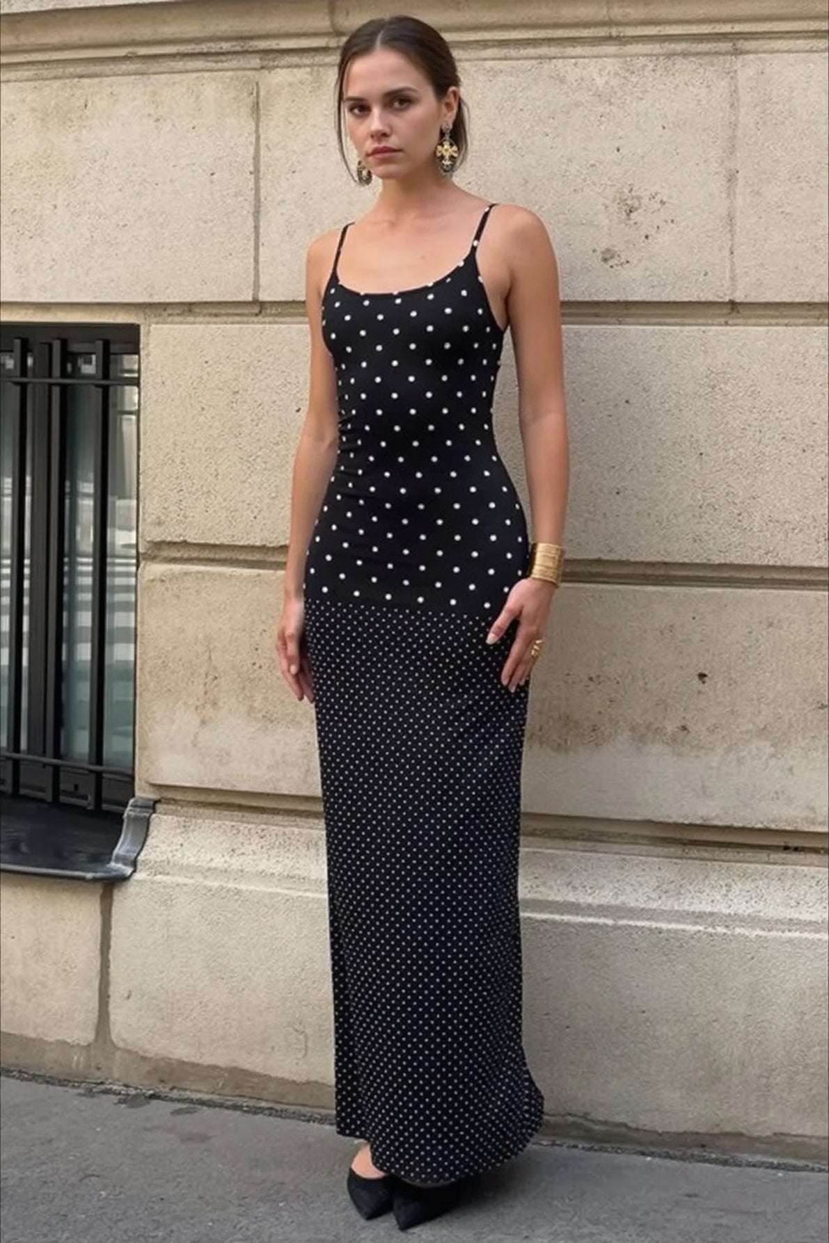 Retro Polka Dot Long Body Hugging Slip Dress