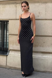 Retro Polka Dot Long Body Hugging Slip Dress
